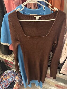 Bar III Brown Ribbed V-Neck Sweater Dress